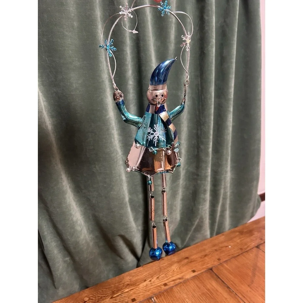 Vintage Whimsical Metal Snowman Hanging Ornament Blue Silver Jingle Bells 16